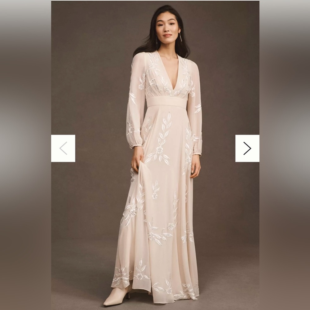 BHLDN Beige and Silver Embroidered Long Sleeve Dress